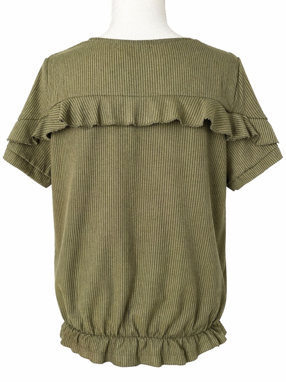 Ruffled Olive Green Short Sleeve Ribbed Top - Picture 2 of 3